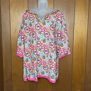 Boho‎ Tunic Top Womens XL Elephant Floral Print Pink Sequin Lotus Cottagecore